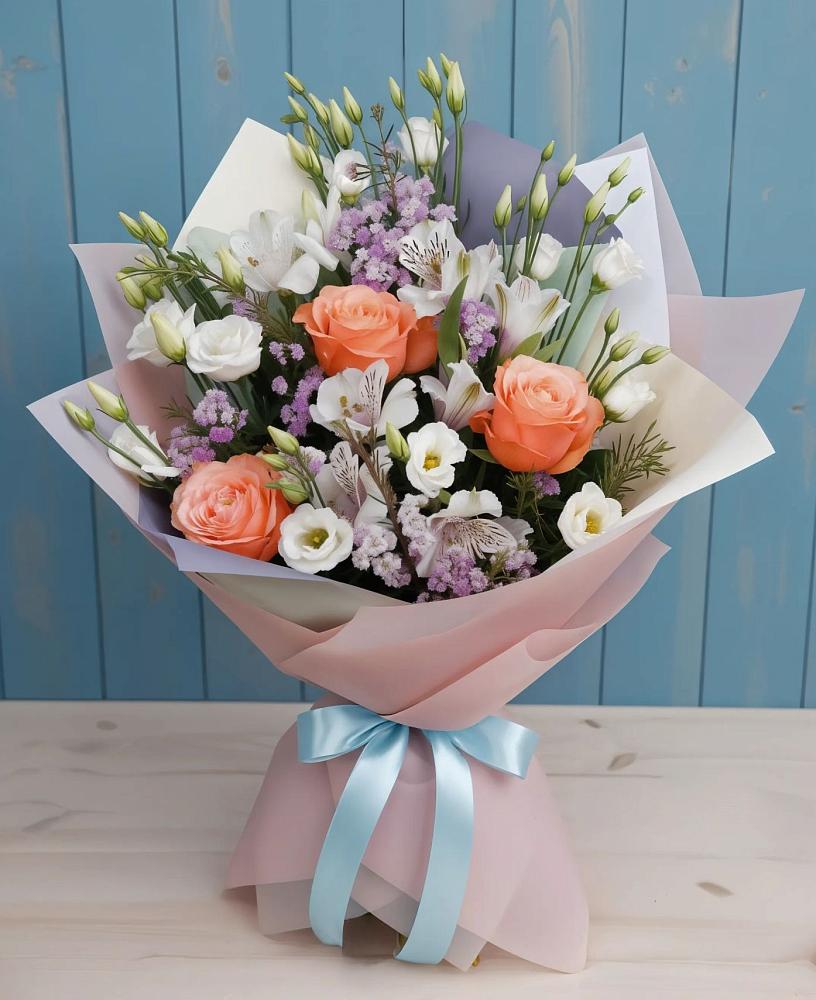 Букет цветов из: Лизиантусы, Розы, Альстромерии и Гипсофила в Прогрессе Ставропольского края